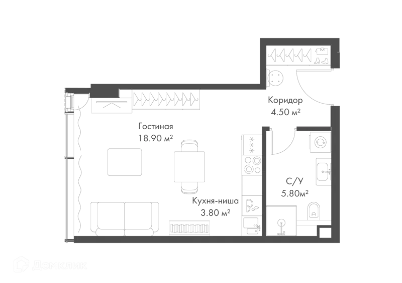 Студия 33 м² Слава