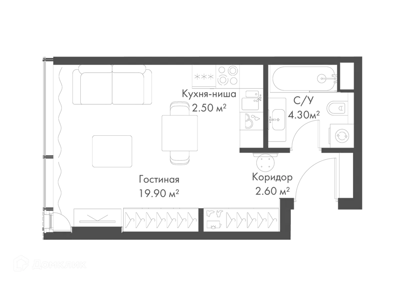 Студия 29.3 м² Слава