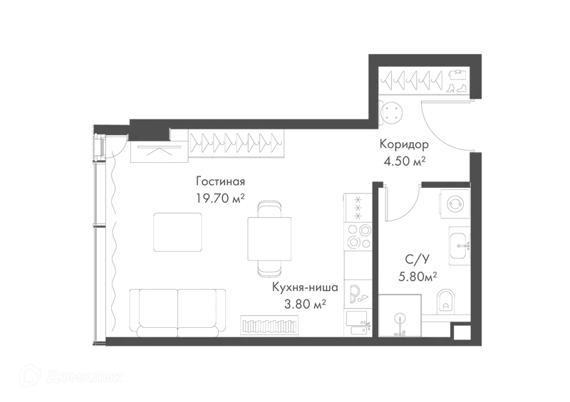 Студия 33.8 м² Слава