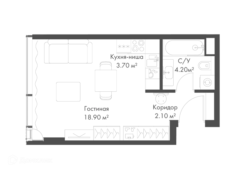Студия 28.9 м² Слава