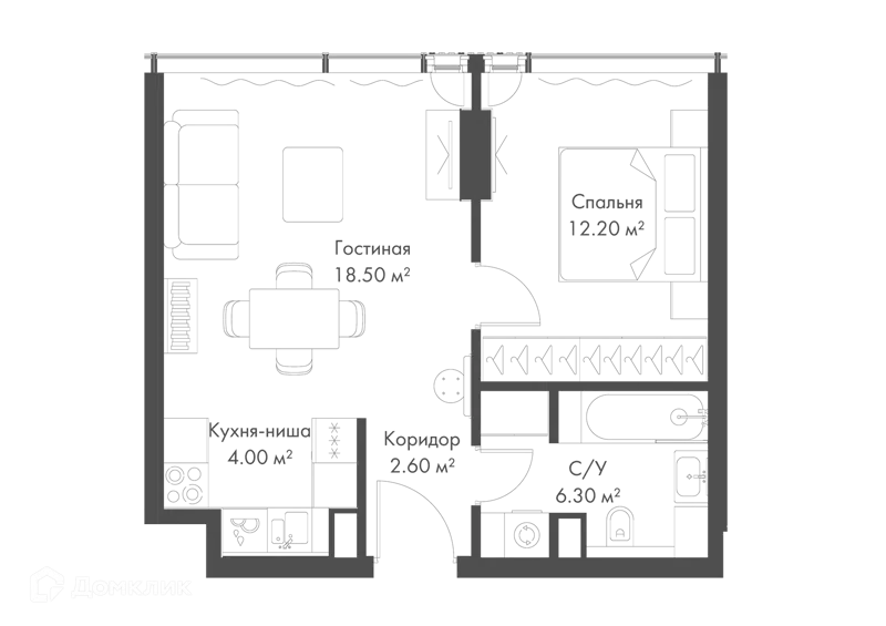 1-комнатная квартира 43.6 м² Слава