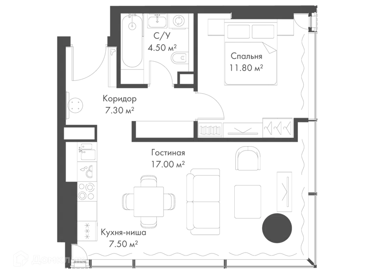 1-комнатная квартира 48.1 м² Слава