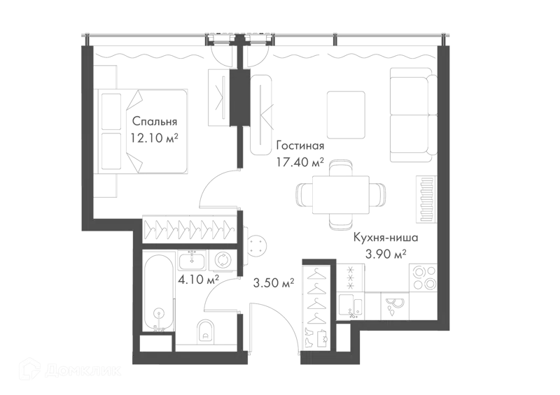 1-комнатная квартира 41 м² Слава