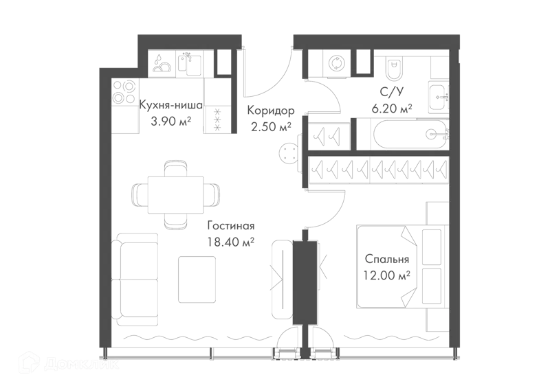 1-комнатная квартира 43 м² Слава