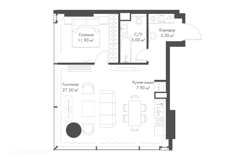 1-комнатная квартира 57.4 м² Слава