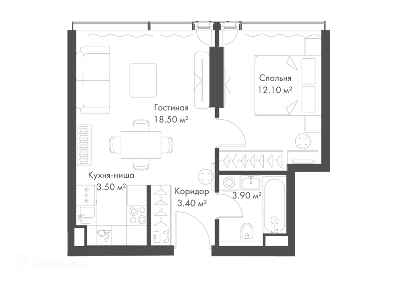 1-комнатная квартира 41.4 м² Слава