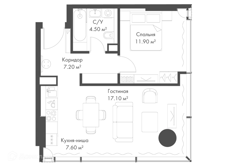 1-комнатная квартира 48.3 м² Слава