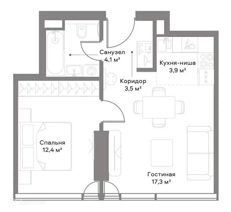 1-комнатная квартира 42.6 м² Слава