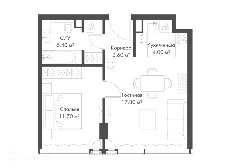 1-комнатная квартира 42.5 м² Слава