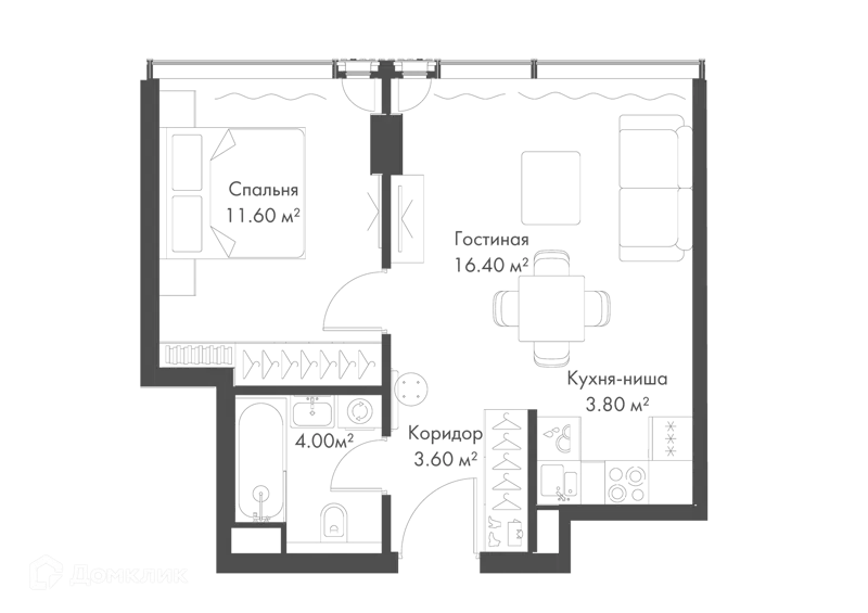 1-комнатная квартира 39.4 м² Слава