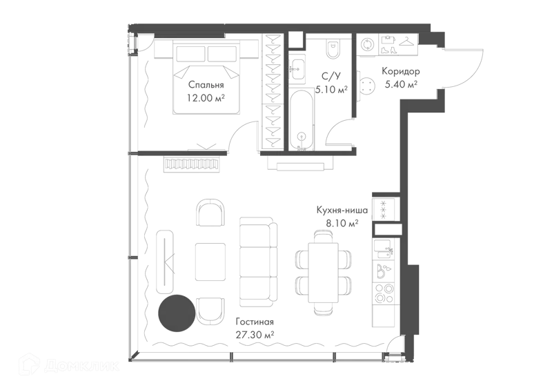 1-комнатная квартира 57.9 м² Слава