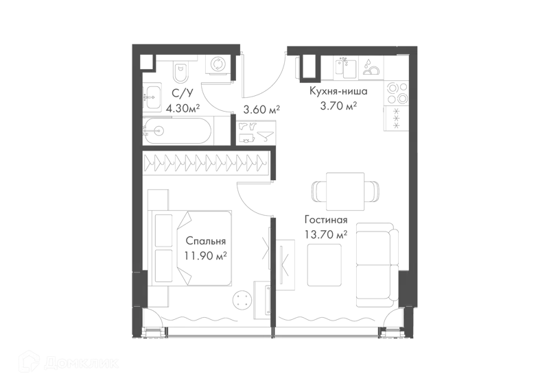 1-комнатная квартира 37.2 м² Слава