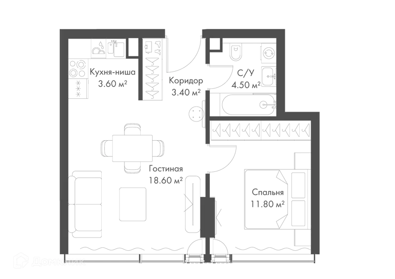 1-комнатная квартира 41.9 м² Слава