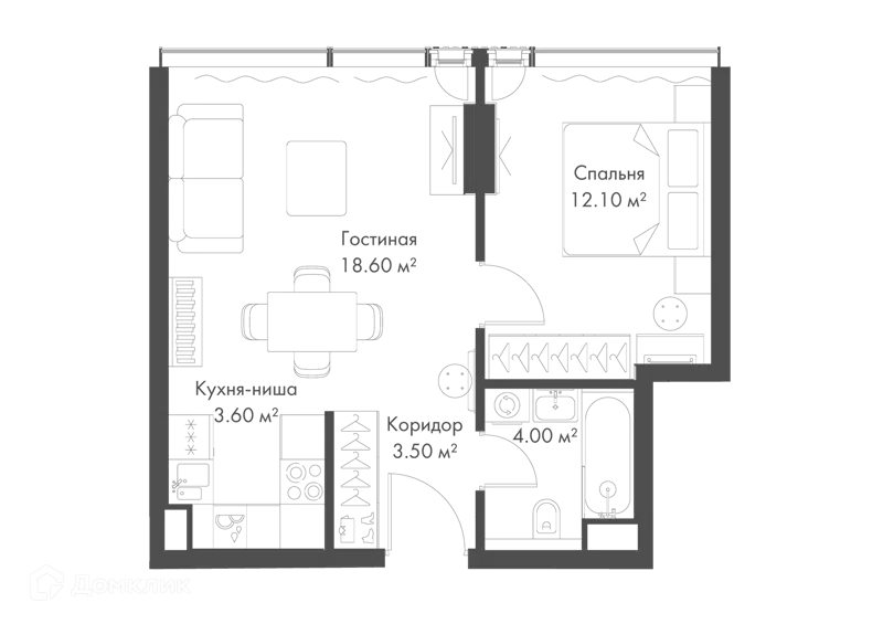 1-комнатная квартира 41.8 м² Слава