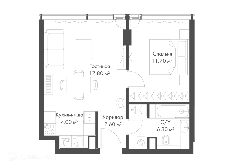 1-комнатная квартира 42.4 м² Слава