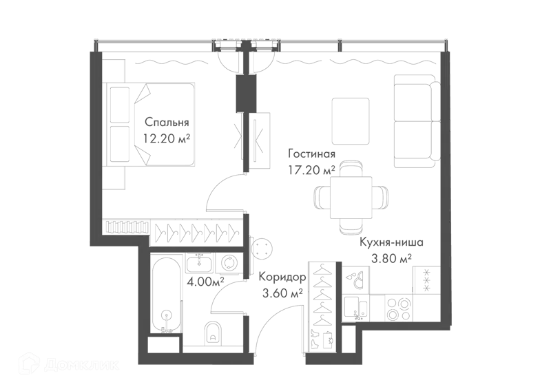 1-комнатная квартира 40.8 м² Слава