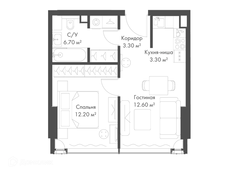 1-комнатная квартира 38.1 м² Слава