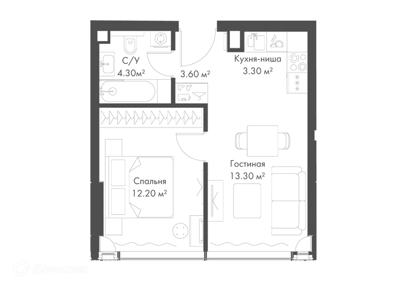 1-комнатная квартира 36.9 м² Слава