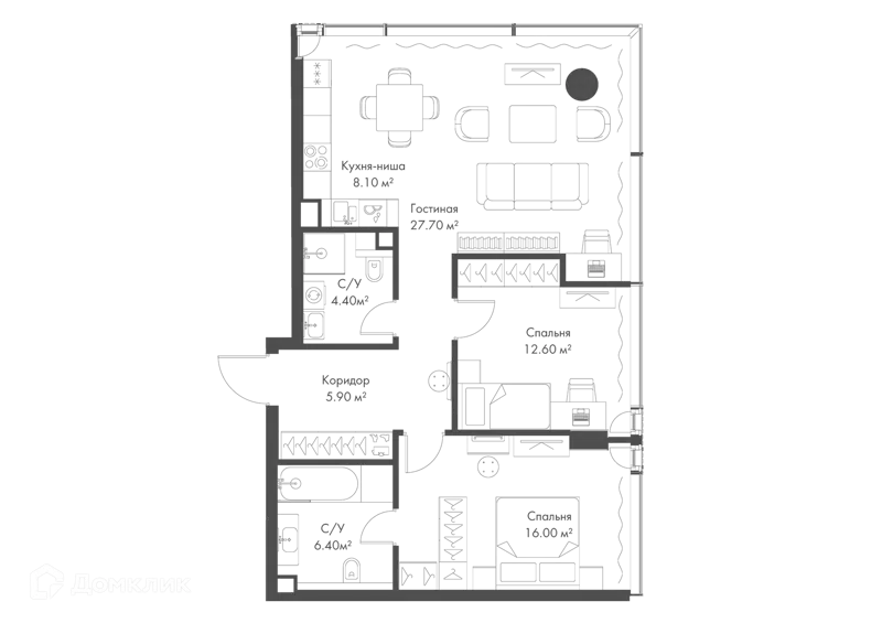 2-комнатная квартира 81.1 м² Слава