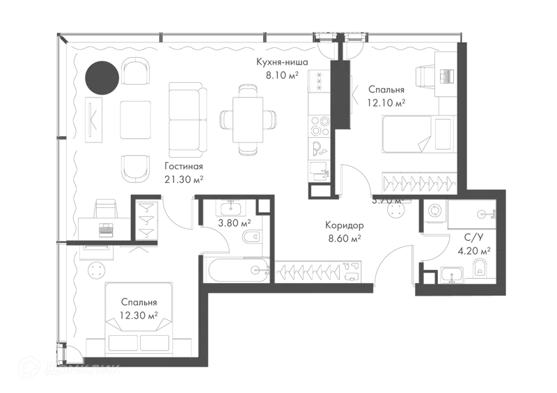 2-комнатная квартира 70.4 м² Слава