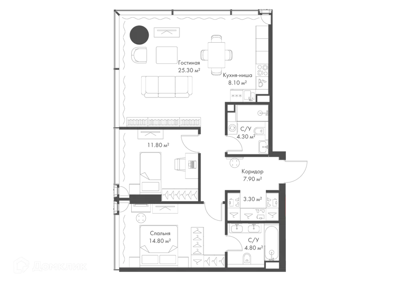 2-комнатная квартира 80.3 м² Слава