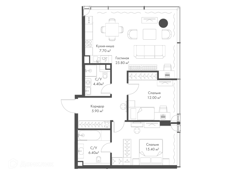 2-комнатная квартира 77.6 м² Слава