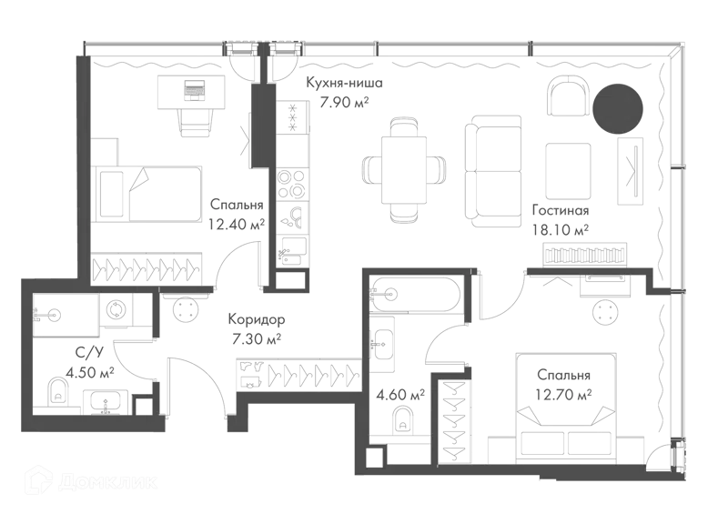 2-комнатная квартира 67.5 м² Слава