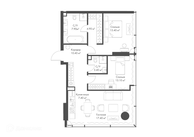 2-комнатная квартира 79.9 м² Слава