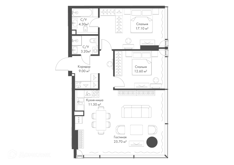 2-комнатная квартира 83.4 м² Слава