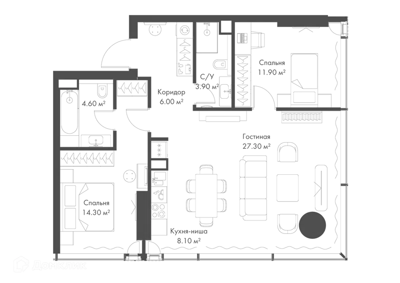 2-комнатная квартира 76.1 м² Слава