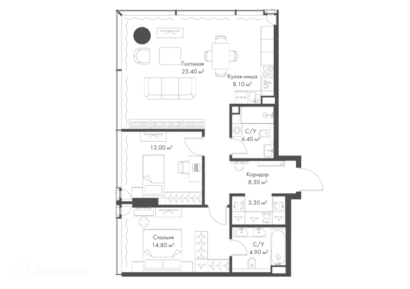 2-комнатная квартира 81.4 м² Слава
