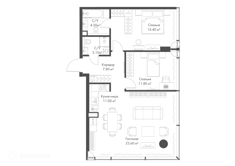 2-комнатная квартира 78 м² Слава