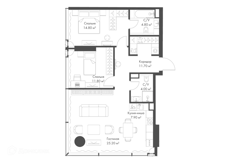 2-комнатная квартира 80.2 м² Слава