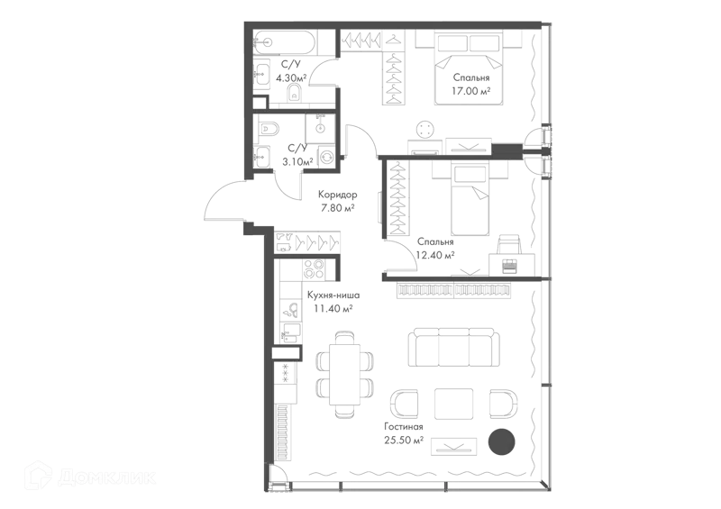 2-комнатная квартира 81.5 м² Слава