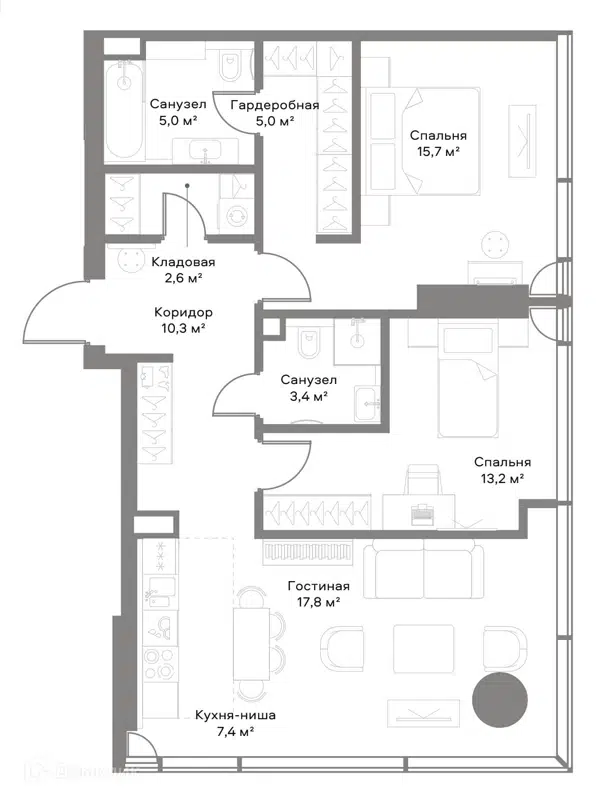 2-комнатная квартира 79.4 м² Слава