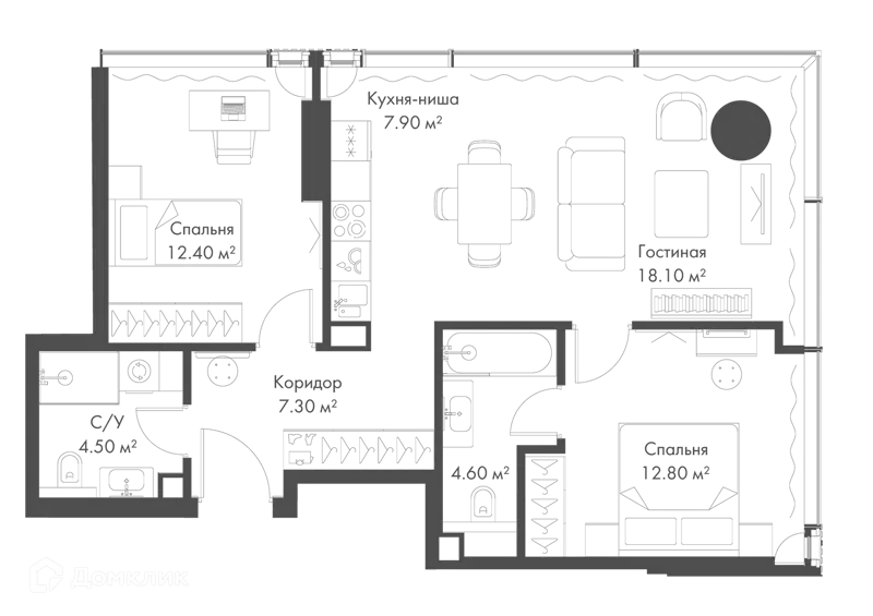 2-комнатная квартира 67.6 м² Слава
