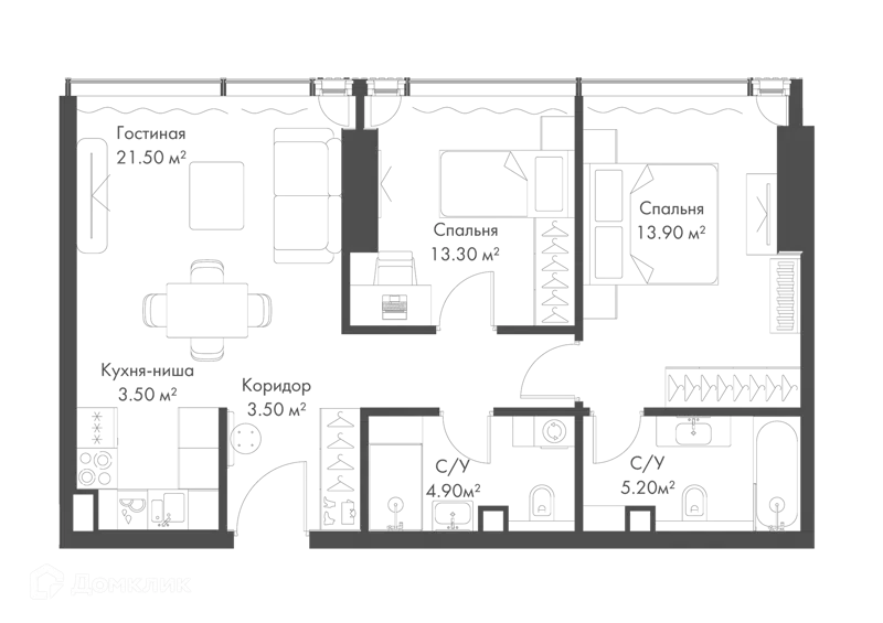 2-комнатная квартира 62.8 м² Слава