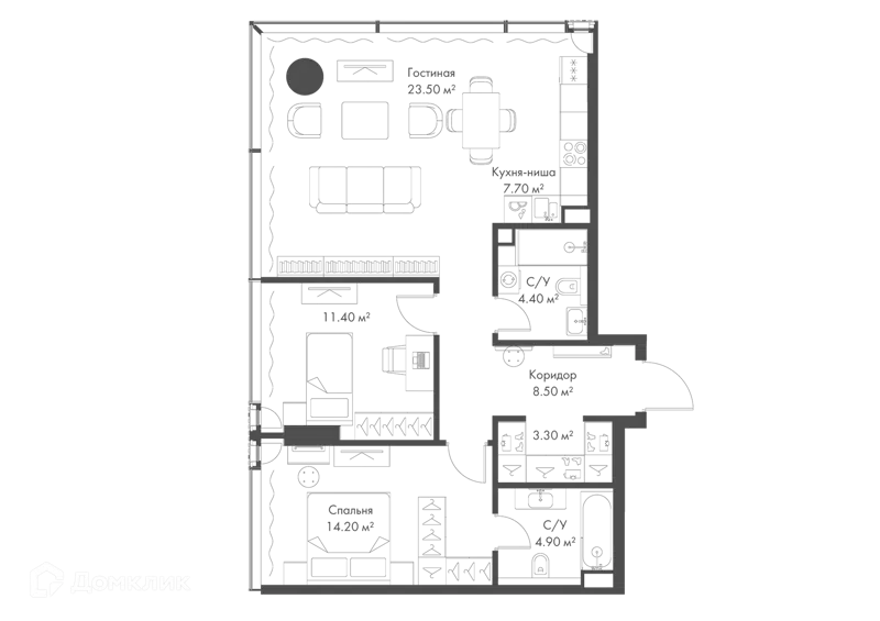 2-комнатная квартира 77.9 м² Слава