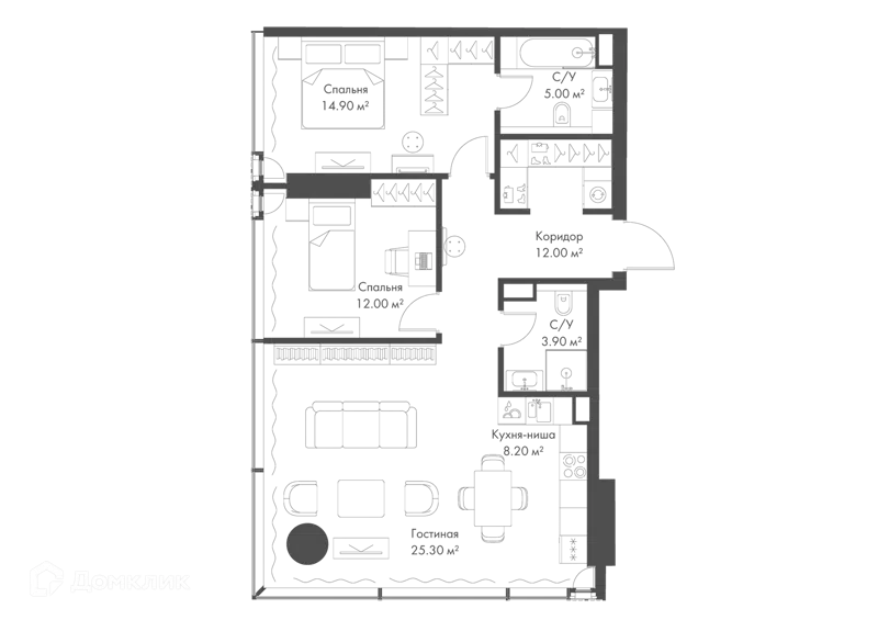 2-комнатная квартира 79.6 м² Слава