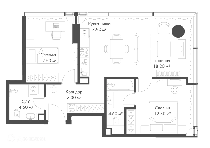 2-комнатная квартира 67.9 м² Слава