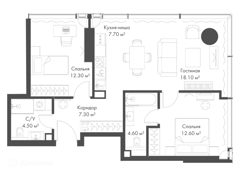 2-комнатная квартира 67.1 м² Слава