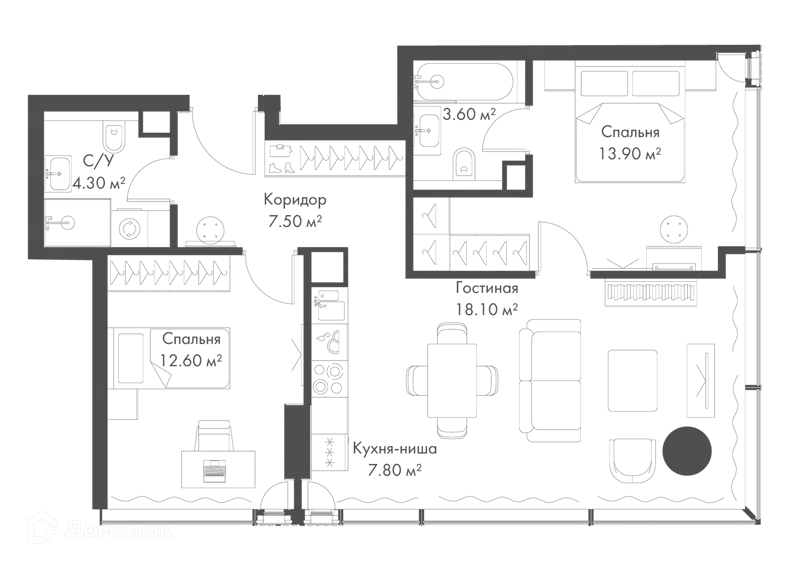 2-комнатная квартира 67.8 м² Слава