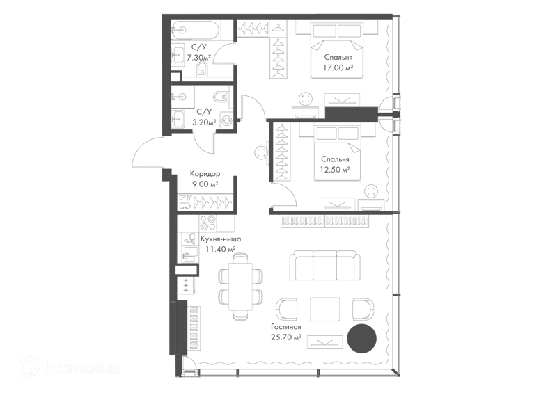 2-комнатная квартира 83.1 м² Слава