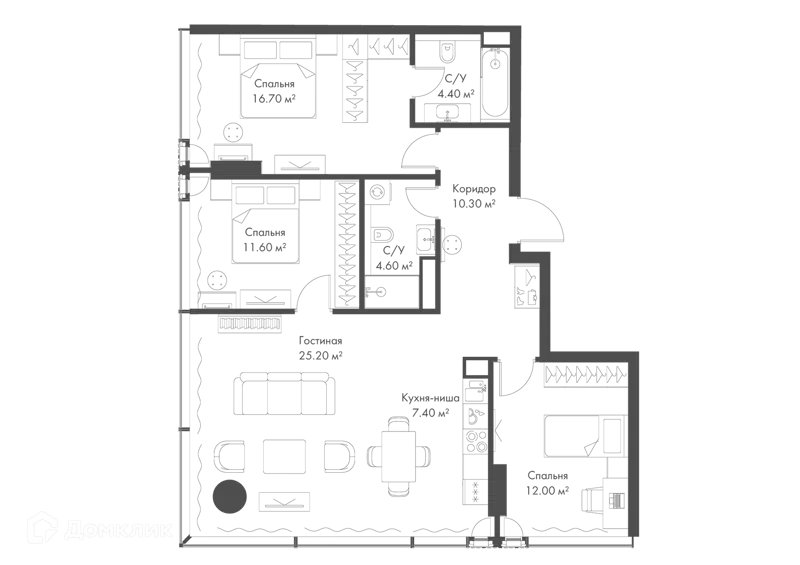 3-комнатная квартира 92.2 м² Слава