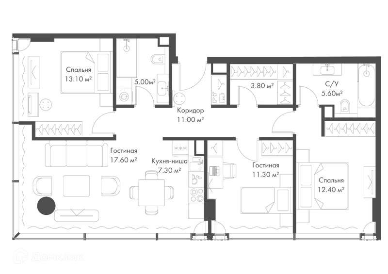 3-комнатная квартира 88.2 м² Слава