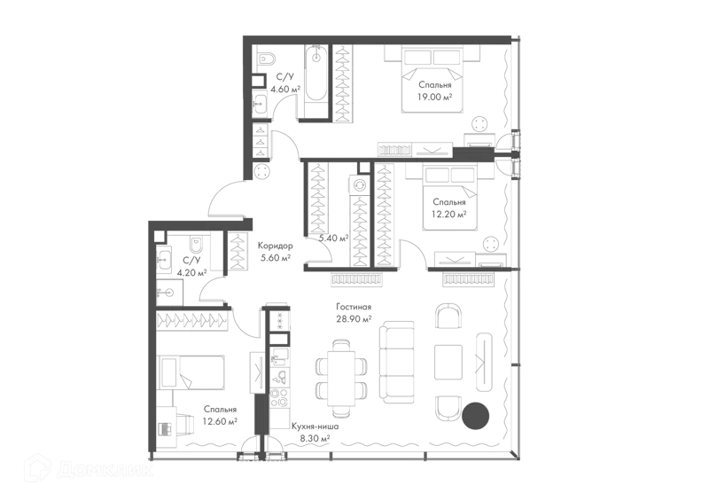 3-комнатная квартира 100.8 м² Слава
