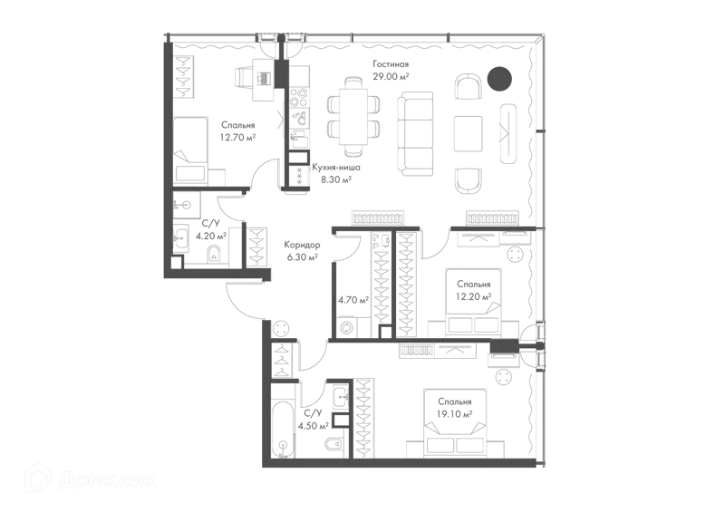 3-комнатная квартира 101 м² Слава