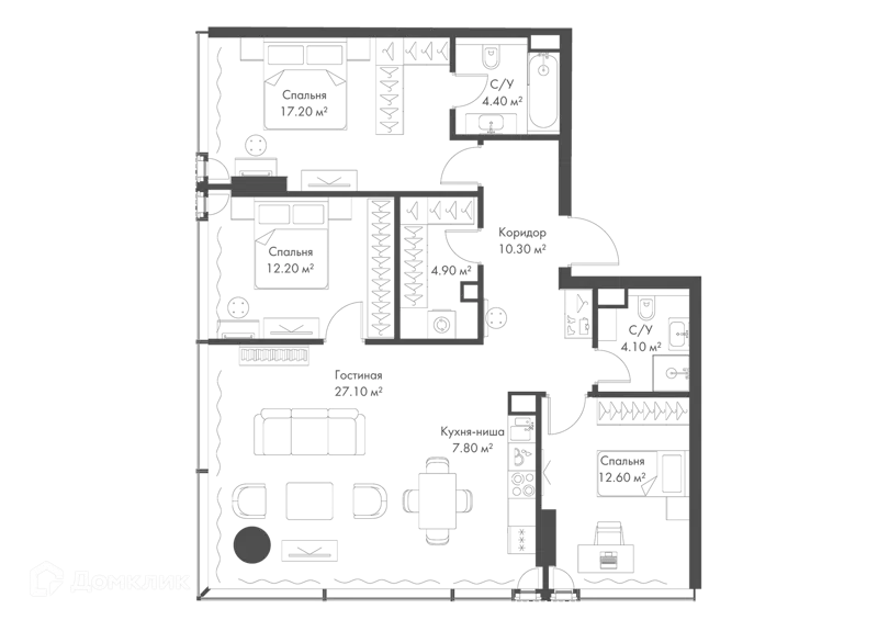 3-комнатная квартира 100.6 м² Слава