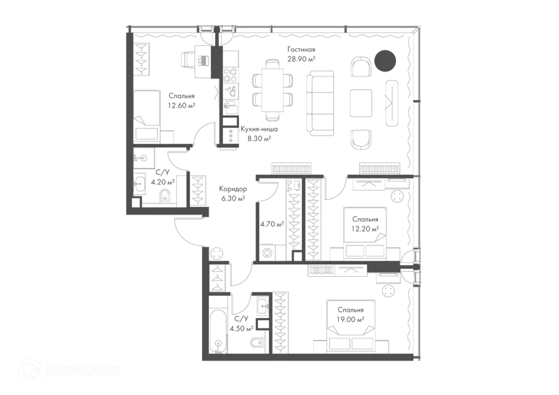 3-комнатная квартира 100.7 м² Слава