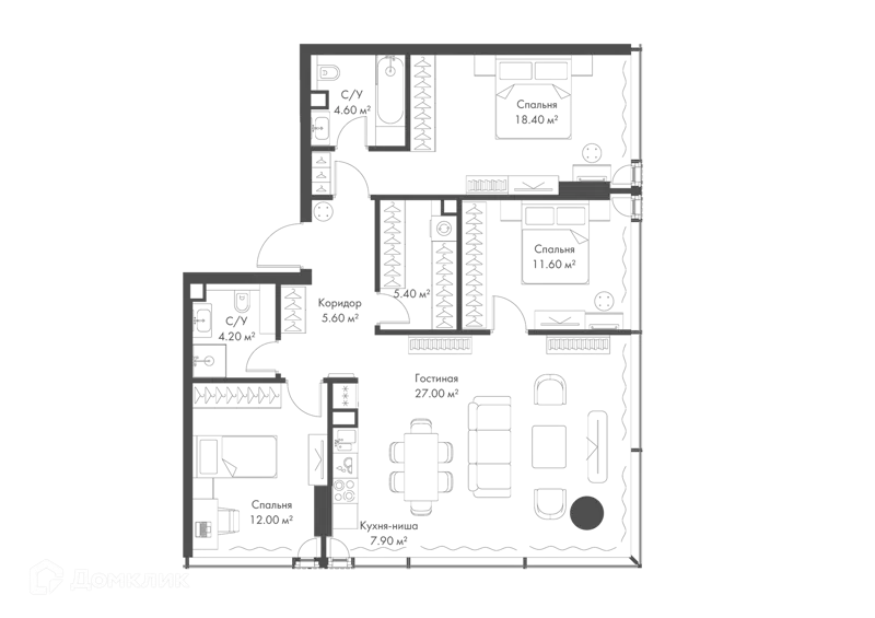 3-комнатная квартира 96.7 м² Слава